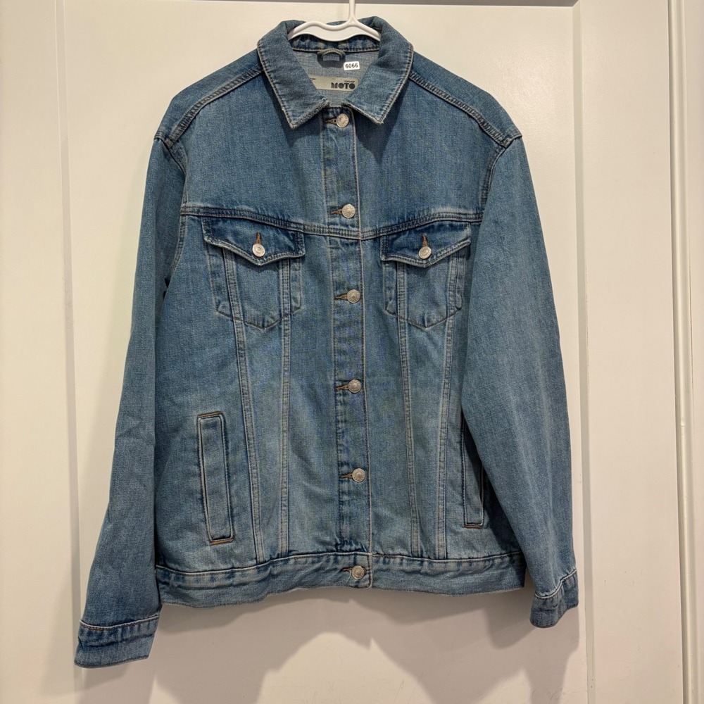 Topshop Moto Denim Jacket Womens US 8 Medium Wash Oversized Button Front Blue